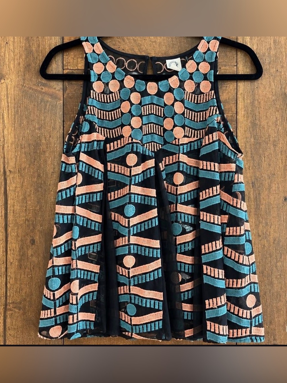 Woven Geometric Overlay Tank Top - Black with Teal & Blush